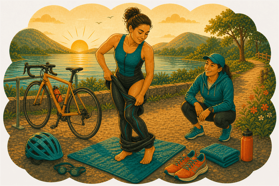 Illustration: Wie ziehe ich in der Wechselzone schnell einen Neoprenanzug aus?